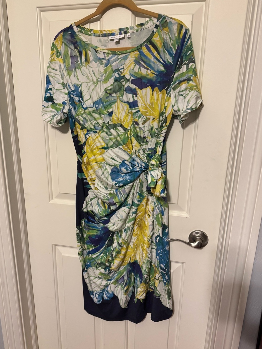 Chico's Twist-Front Tropical Floral Dress - Blue Yellow Midi Sz 1 (Small)